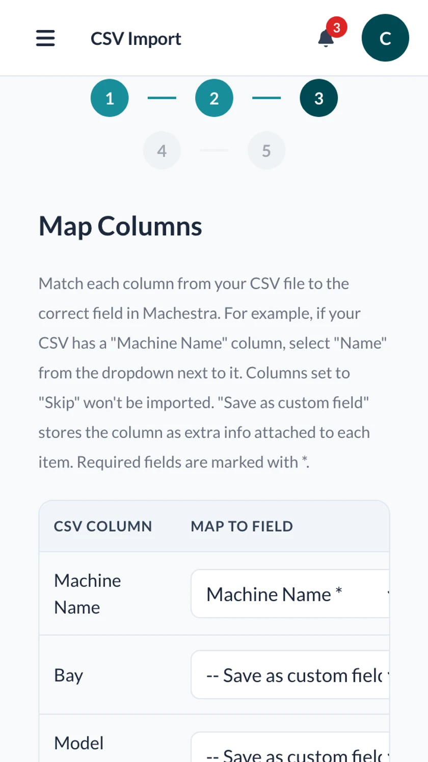 CSV import wizard mapping spreadsheet columns to Machestra fields on mobile