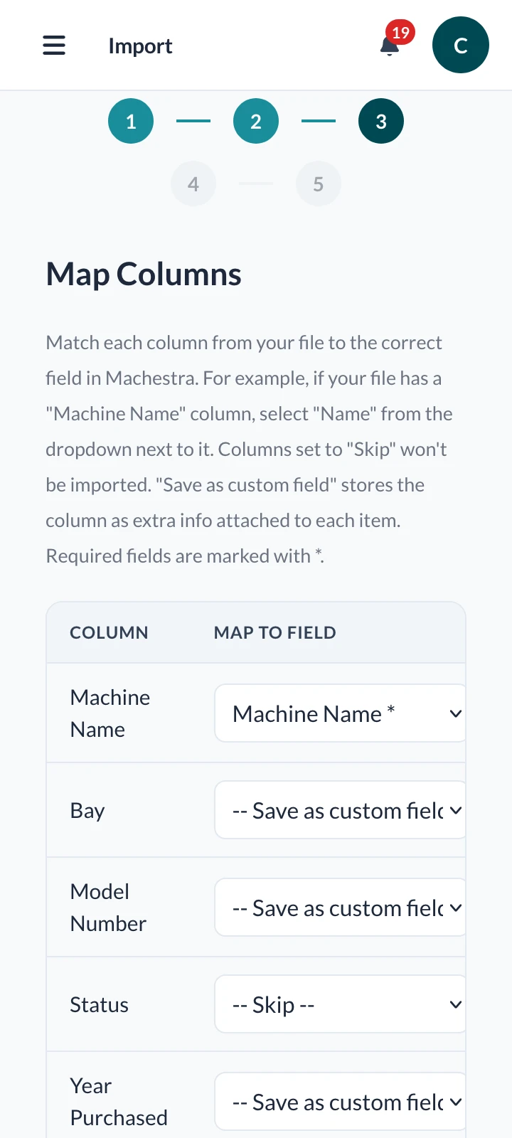 Import wizard mapping spreadsheet columns to Machestra fields on mobile