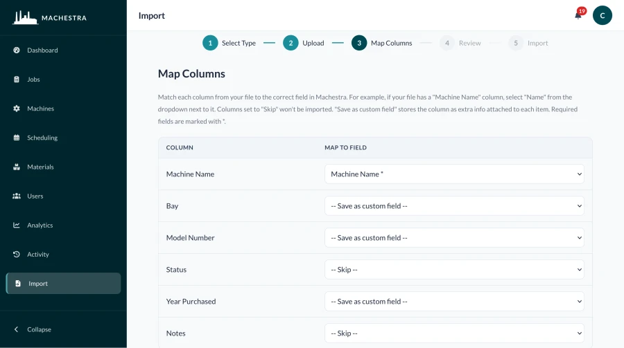 Import wizard mapping spreadsheet columns to Machestra fields