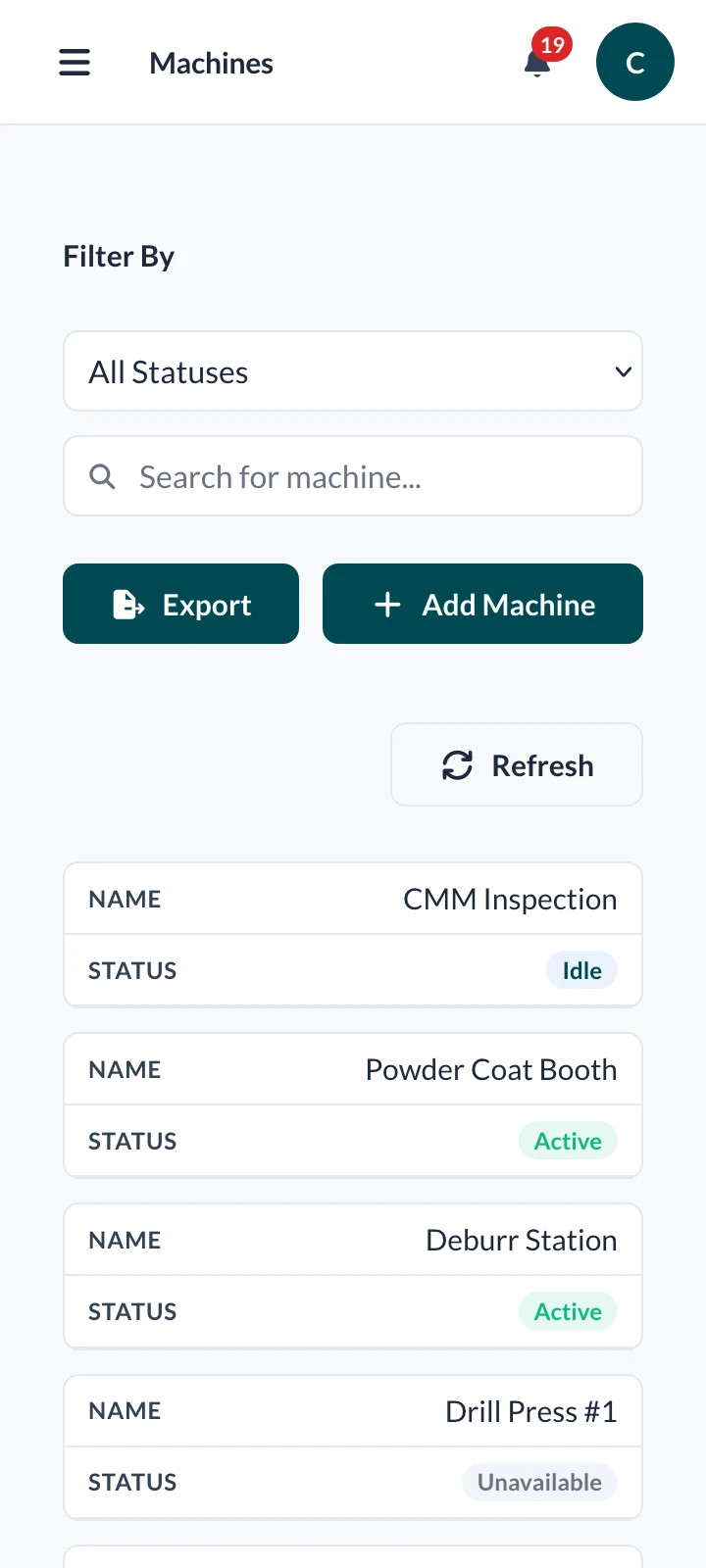 Machines list showing status, assigned jobs, and utilization on mobile