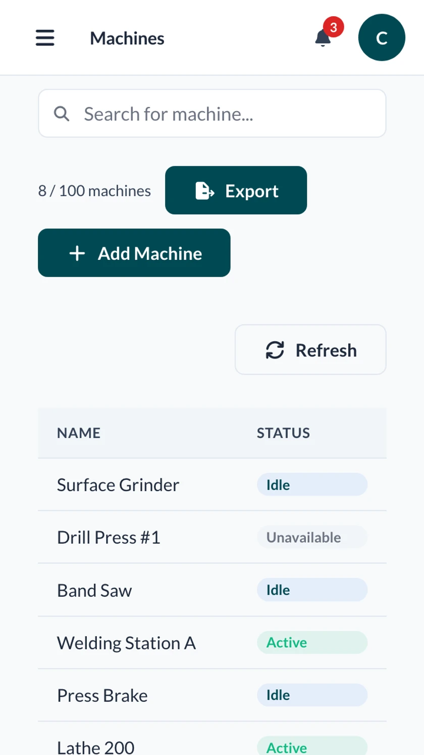 Machines list showing status, assigned jobs, and utilization on mobile