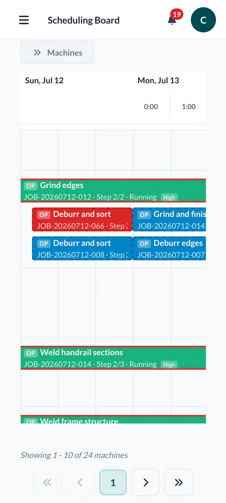 Scheduling board showing jobs across machines for the week on mobile