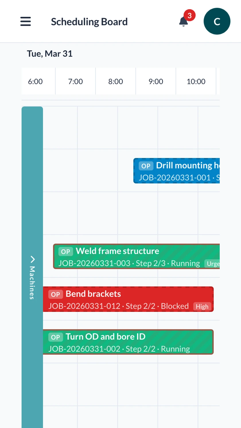 Scheduling board showing jobs across machines for the week on mobile